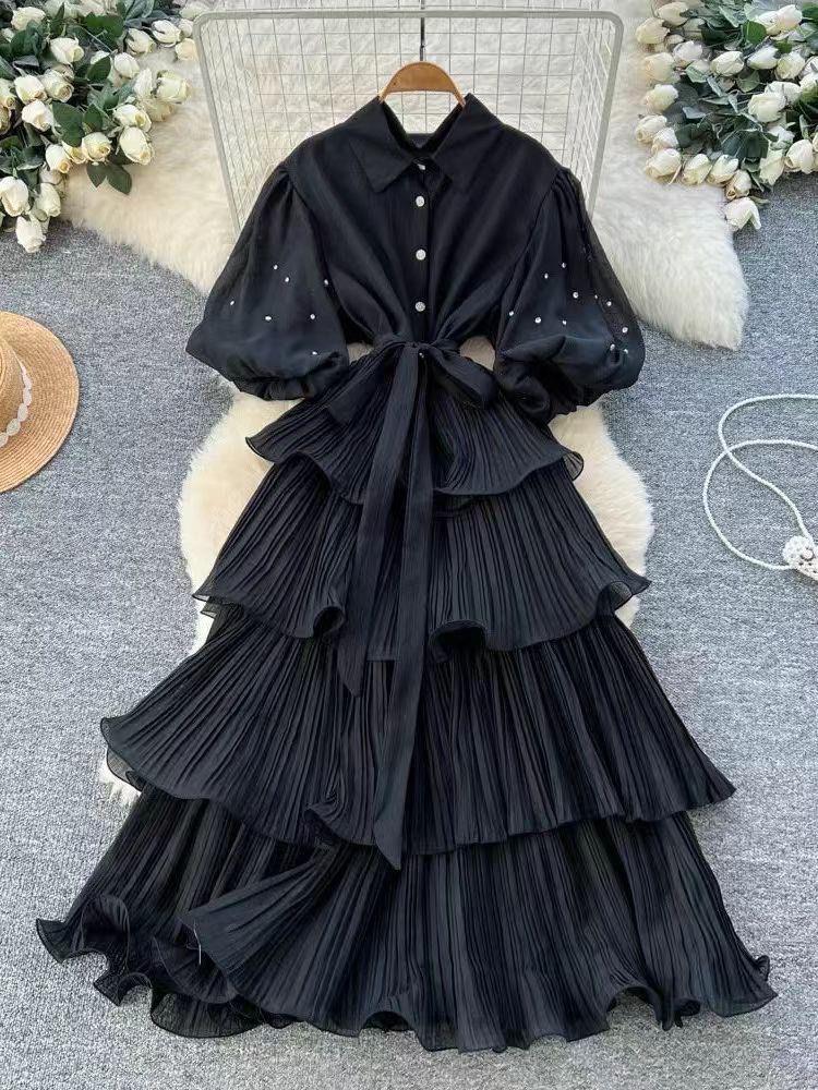 Noir Tiered Ruffle Shirt Gown