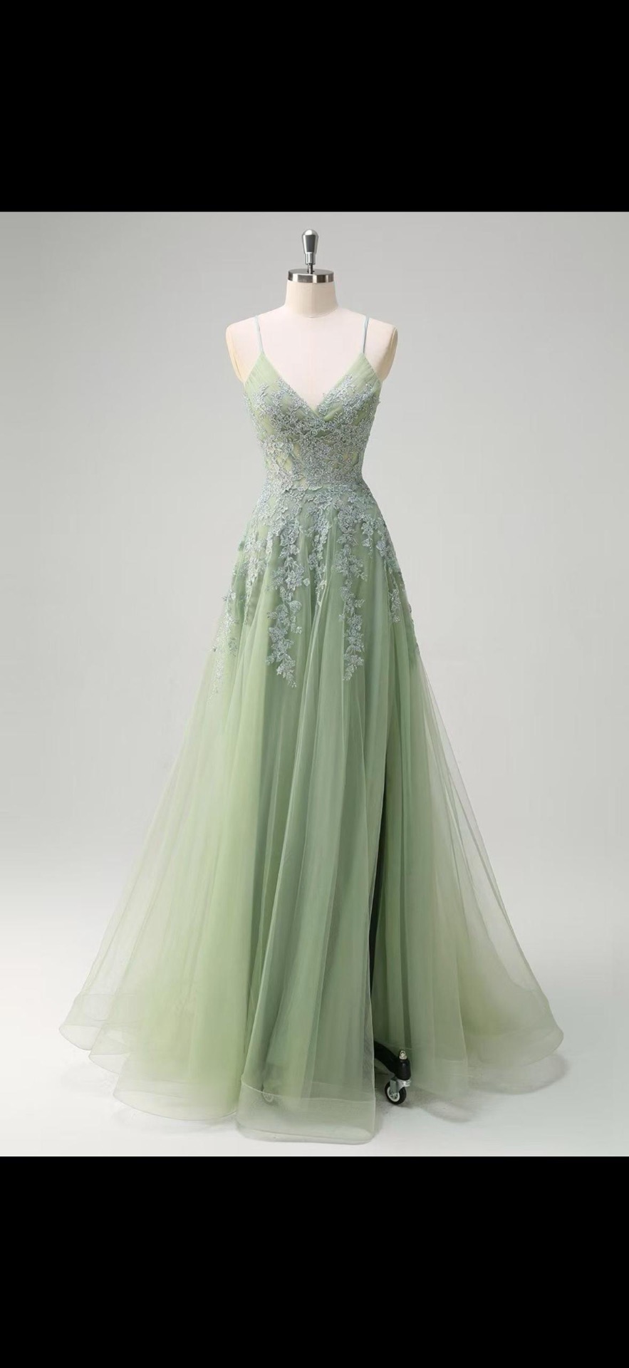 Sage Lace Appliqué A-Line Gown