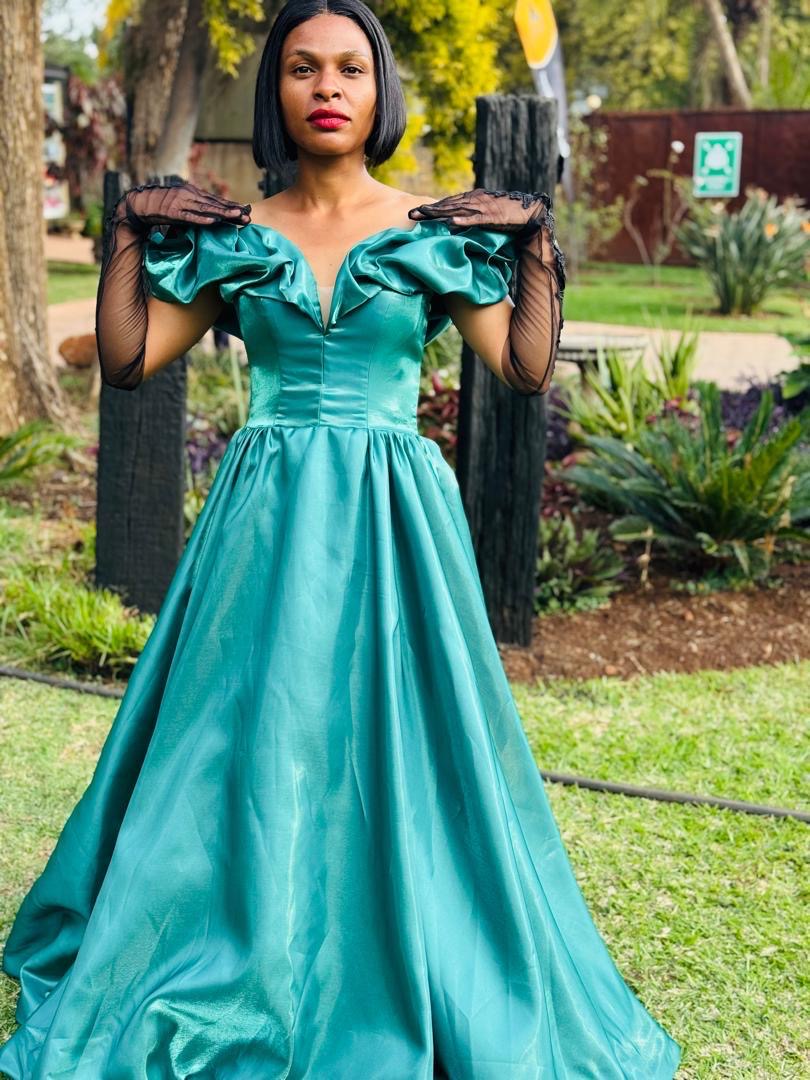 Emerald Ruffle Off-Shoulder Gown