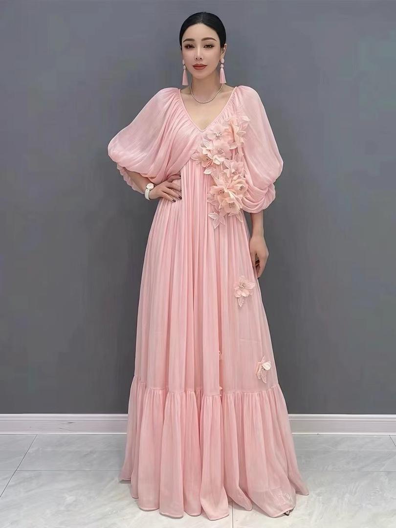 Blush Floral Appliqué Chiffon Gown