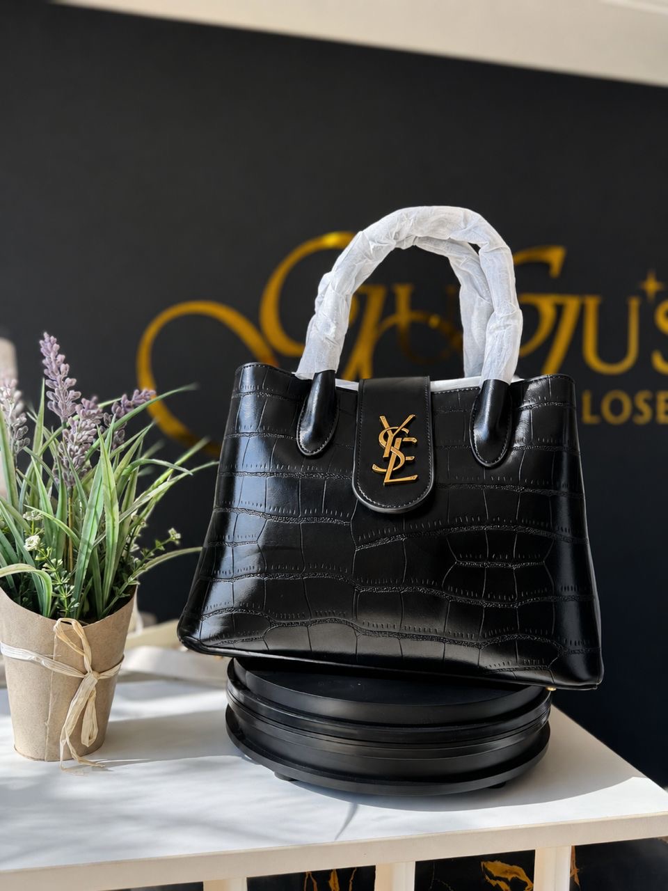 Noir Croc-Embossed Monogram Tote