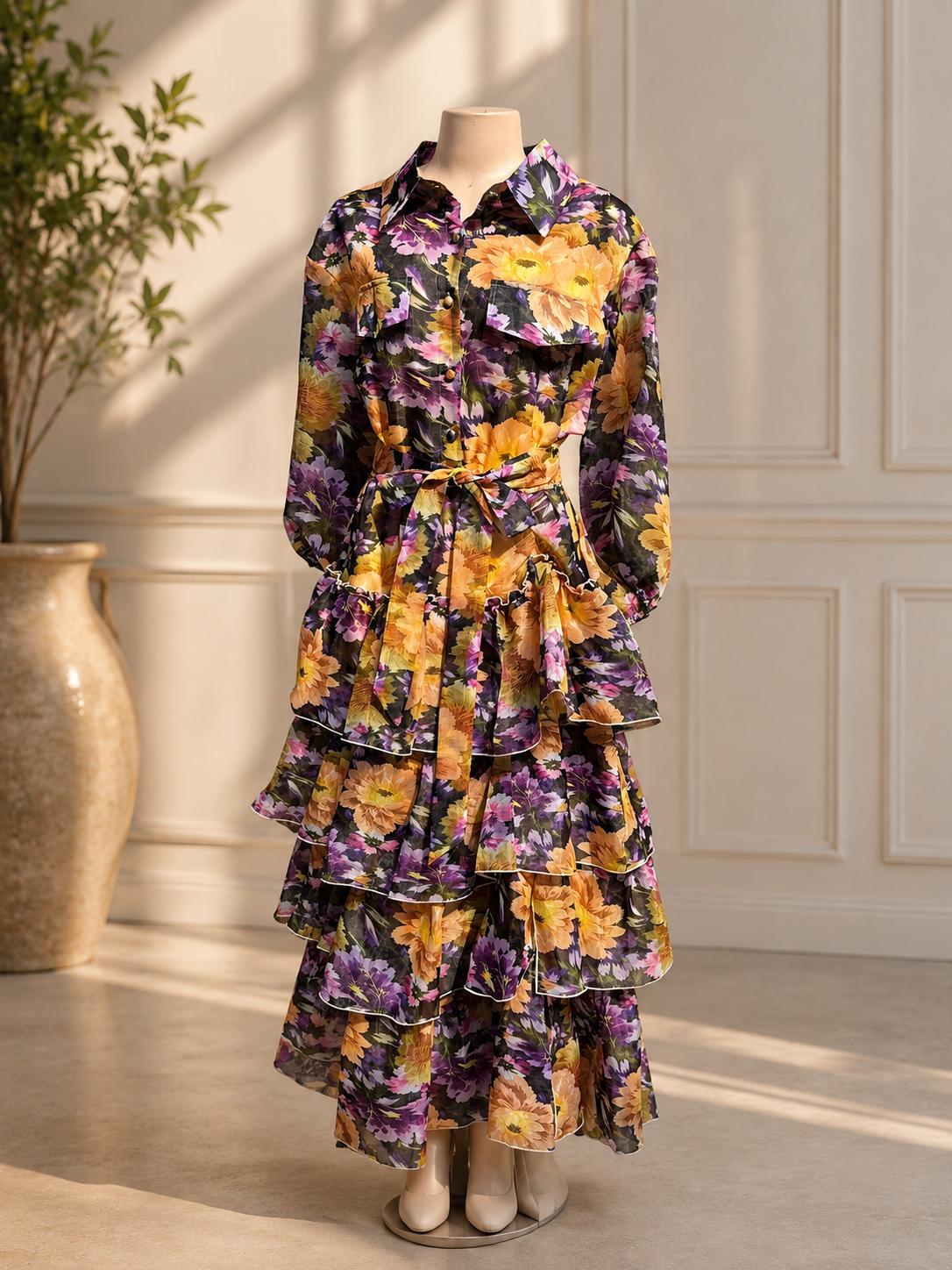 Violet Bloom Tiered Shirt Dress