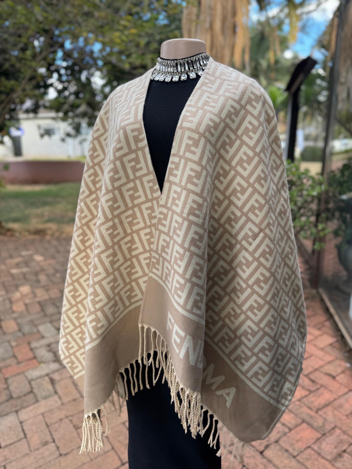 Beige Monogram Fringe Cape