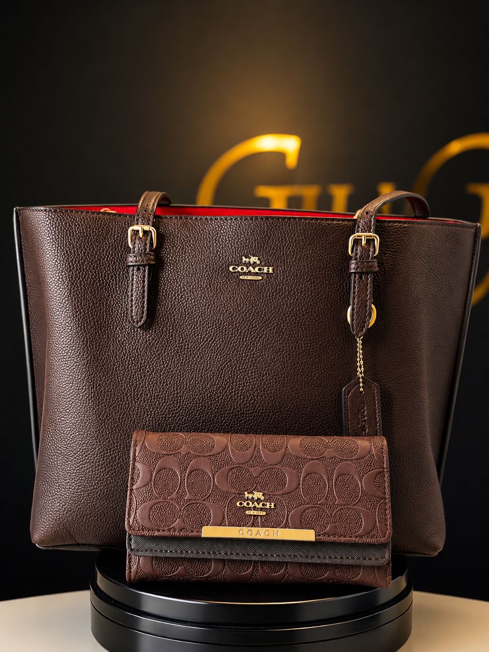 Mahogany Coach Tote & Signature Wallet Set